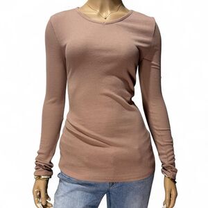 Poof New York Tan Ribbed Long Sleeve Top Womens Large V Neck Basic Coquette Y2K